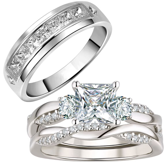 Wuziwen Wedding Ring Sets for His and Hers Princess Couples Rings 3Pcs Twisted CZ Promise Moissanite Wedding Band Size 7&9