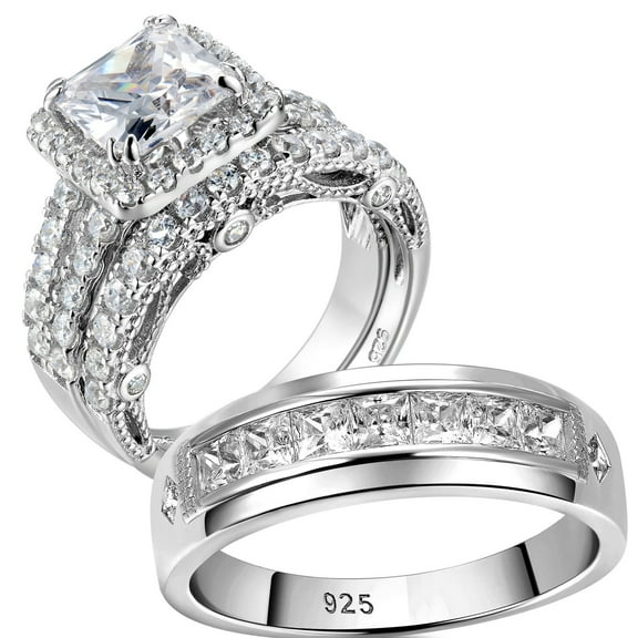 Wuziwen Wedding Ring Sets for His and Hers Princess Promise Couples Rings Sterling Silver Wedding Mens Bands Cubic Zirconia Size 12&7