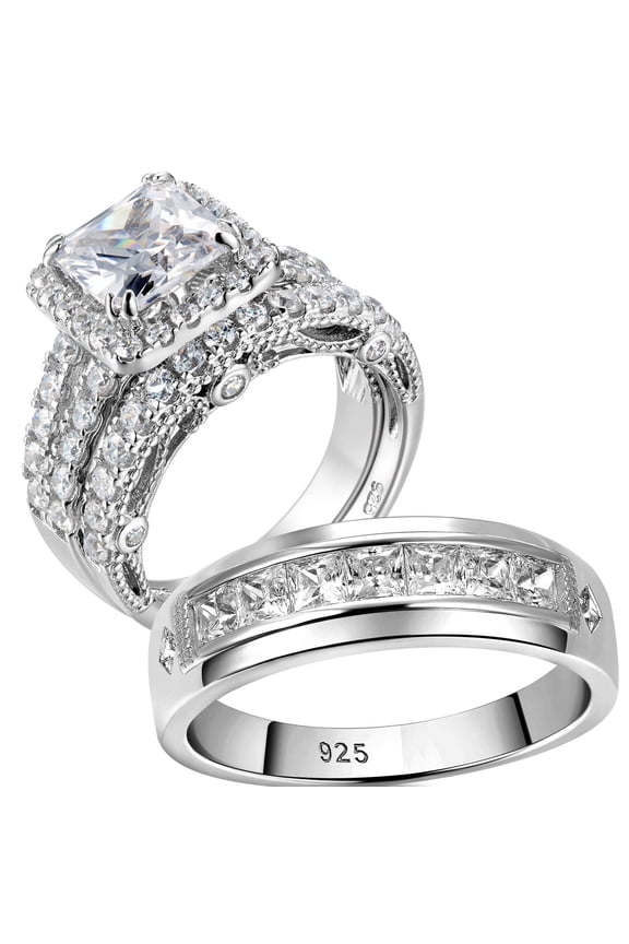 Wedding Ring Sets for His and Hers Princess Promise Couples Rings Sterling Silver Wedding Mens Bands Cubic Zirconia Size 9&7