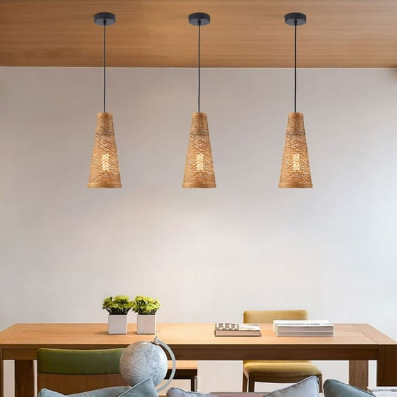 Wuzstar 3 Pcs Retro Hand-Woven Pendant Lighting Fixture Brown Bamboo Rattan Ceiling Lamp for Restaurant Kitchen