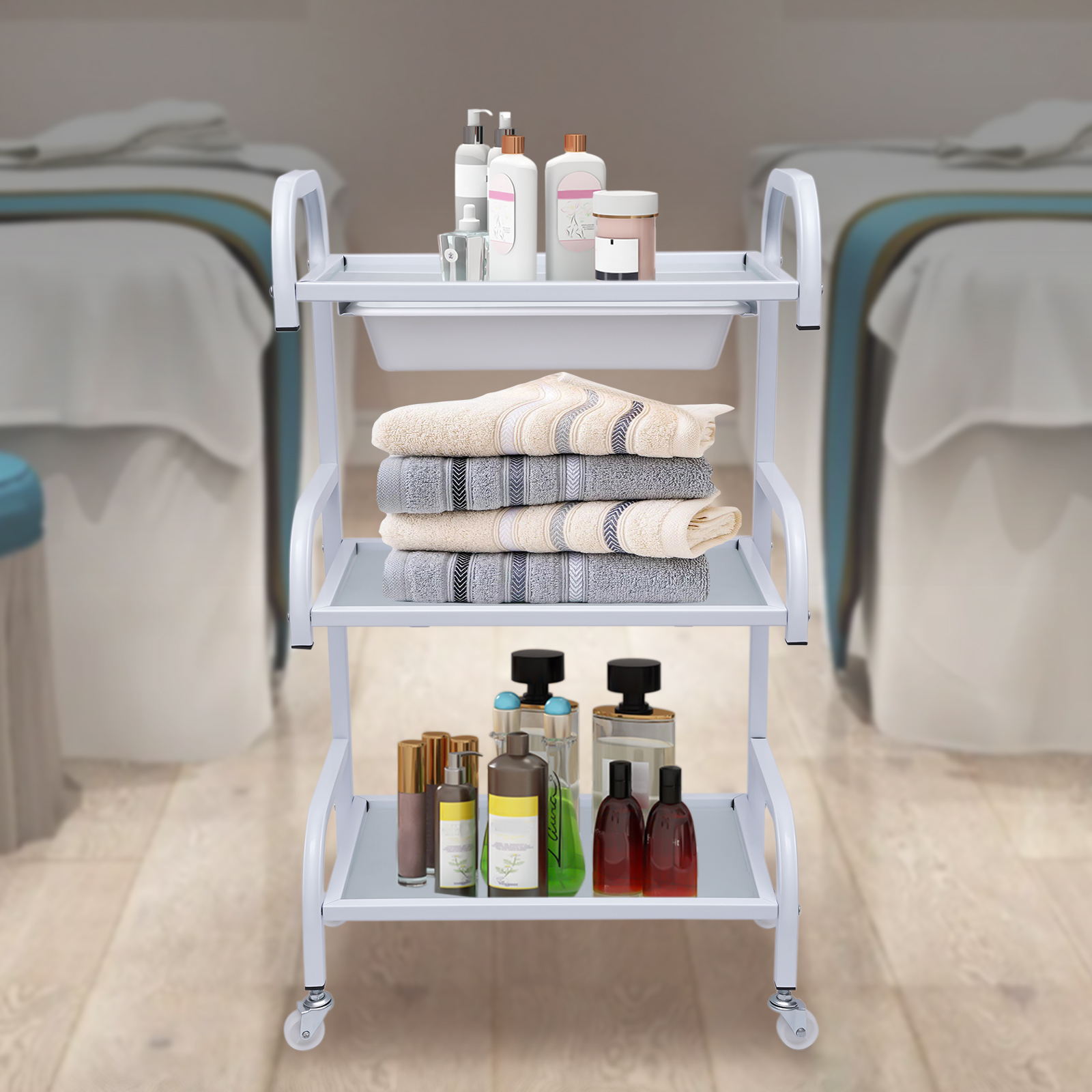 Wuzstar 3Tiers Rolling Trolley Cart with 1 Drawer for Spar, Nail Salon and Hairdresser
