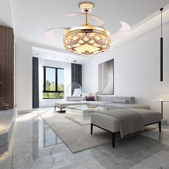 Wuzstar 42" Crystal Ceiling Fan Lamp 4 Retractable Blades Invisible LED Chandelier 3 Color Fandelier Pendant Lamp with Remote