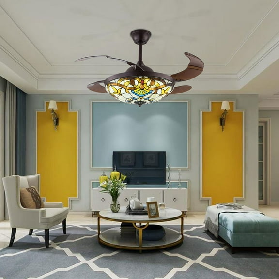 Wuzstar 42" Tiffany Style Ceiling Fan Light Classic Retractable Blades Chandelier Fan Lamp 3 Speeds 3 Quiet Motor Light Fandelier with Remote Control
