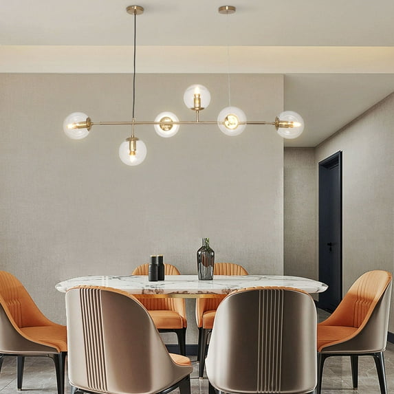Wuzstar 6-Light Modern Globe Pendant Light Mid Century Vintage Linear Chandelier Adjustable Height, Gold+Clear
