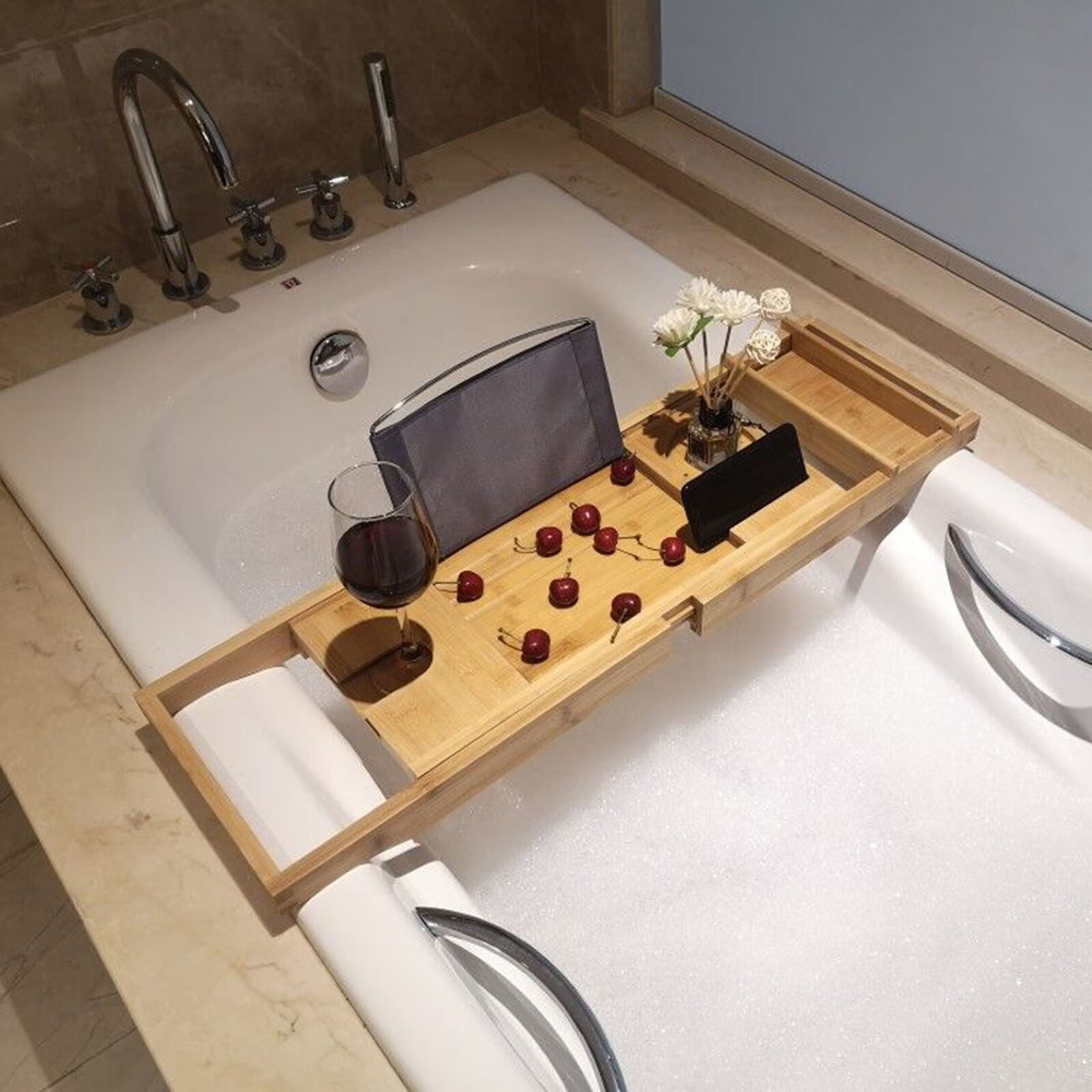 Wuzstar Bathtub Caddy Tray Expandable Bamboo Bath Tray Table with Wine Glass Holder, Book Stand
