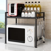 Wuzstar Expandable Microwave Oven Rack with 3 Hooks 2 Tier Kitchen Countertop Organizer Stainless Steel Microwave Shelf Stand