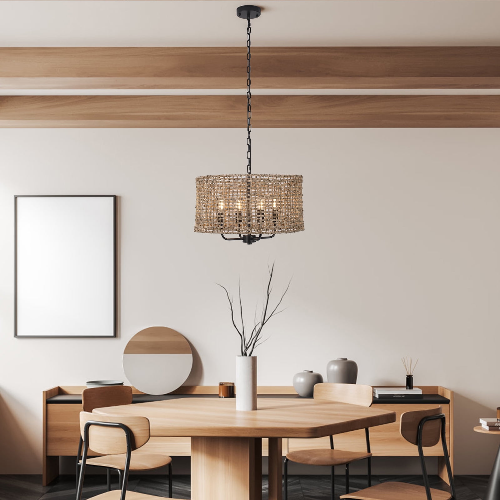 Wuzstar Hand Woven Rattan Chandelier Pendant Light Fixture 4-Light Farmhouse Rattan Light Fixtures for Kitchen Island Dining Room