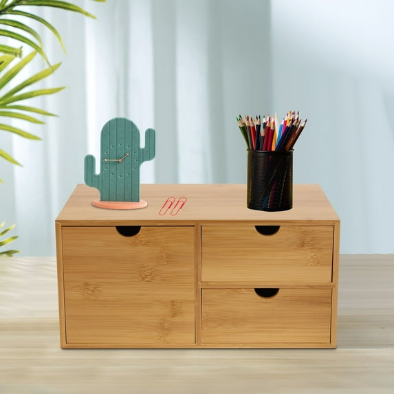 Wuzstar Mini Bamboo Tabletop Storage Box Desk Organizer for Office Home(3 Drawers)