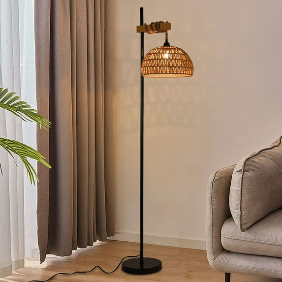 Wuzstar Rattan Floor Lamp Farmhouse 3 Color Tall Standing Reading Lamp with Remote Control & APP