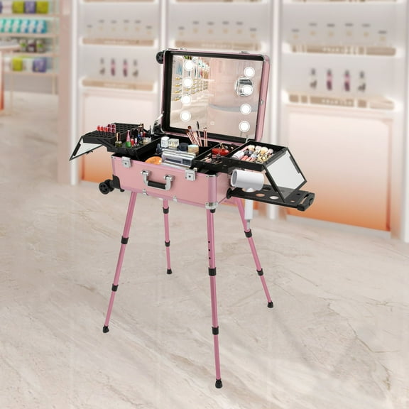 Wuzstar Rolling Makeup Train Case with Lighted Mirror, Protable Large Make up Cosmetic Orgainzer Box Pink