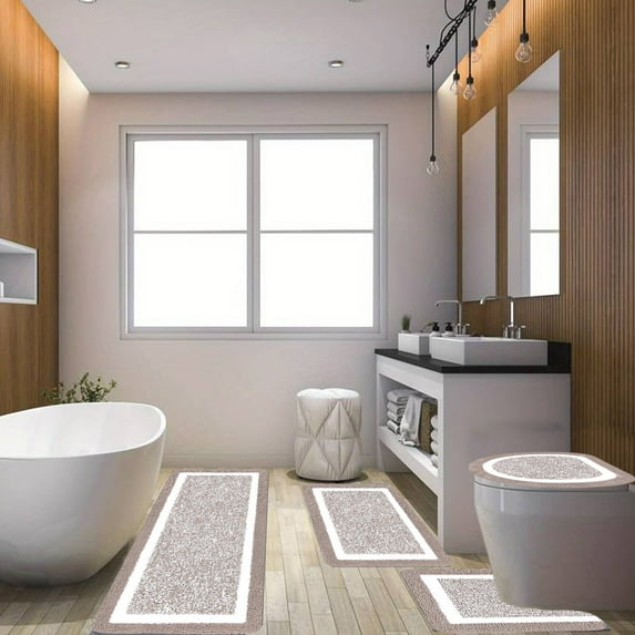 Wuztai 4 Piece Bathroom Rugs Set, Absorbent Microfiber Plush Non-Slip Bath Mat with Lid Cover, Complete Bathroom Rug Collection Washable