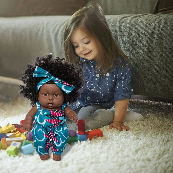 Wuztai Black Baby Doll 8-Inch Cute Curly Hair, Realistic Vinyl Baby Toysfor Art Collection, Reborn Doll for Photography Props