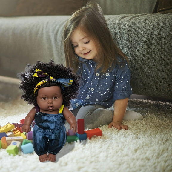 Wuztai Black Baby Doll 8-Inch Cute Curly Hair, Realistic Vinyl Baby Toysfor Art Collection, Reborn Doll for Photography Props