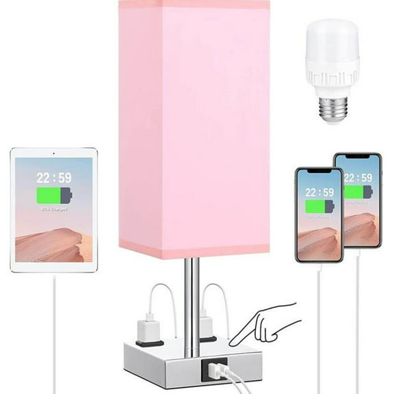 Wuztai Fabric Table Lamp with Dimming USB Charging, Bedside Lamp with AC Socket for Bedroom, Eye Protection Desk Lamp for Home
