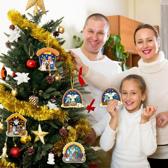 Wuztai Nativity Scene Card Sticker Set 24Pcs, Christmas Tree Decoration with Golden Ribbons, Religious Holiday Gift Set