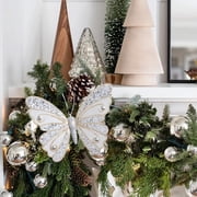 Wuztai Silver Butterfly Christmas Tree Topper, Double-Layer Mesh Hollow Ornament for Holiday Decor, Festive Tree Accessory