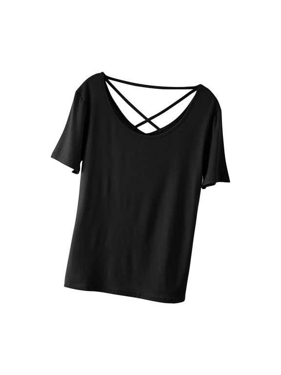 Summer Tops for Women Hollow Out V Neck Short Sleeve Loose Casual Basic Tee Flowy Open Back Comfy Party Top Black M
