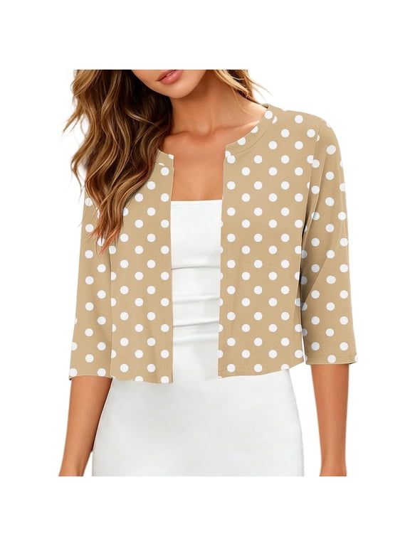 Women's Cardigan Polka Dot 3/4 Sleeve Round Neck Lightweight Casual Open Front Summer Jacket S