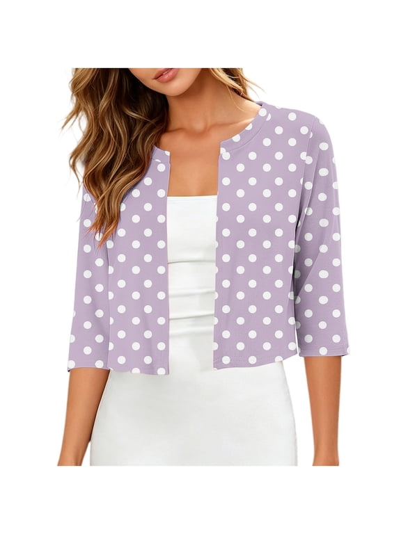 Women's Cardigan Polka Dot 3/4 Sleeve Round Neck Lightweight Casual Open Front Summer Jacket S