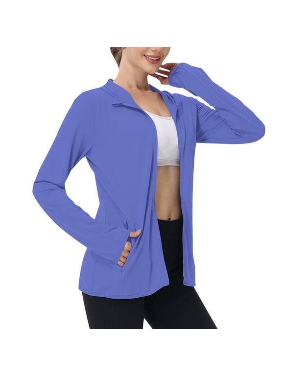 Women's Lightweight Zip-Up Jacket Long Sleeve Collared Casual Comfy Loose Workout Spring Summer Top Blue S