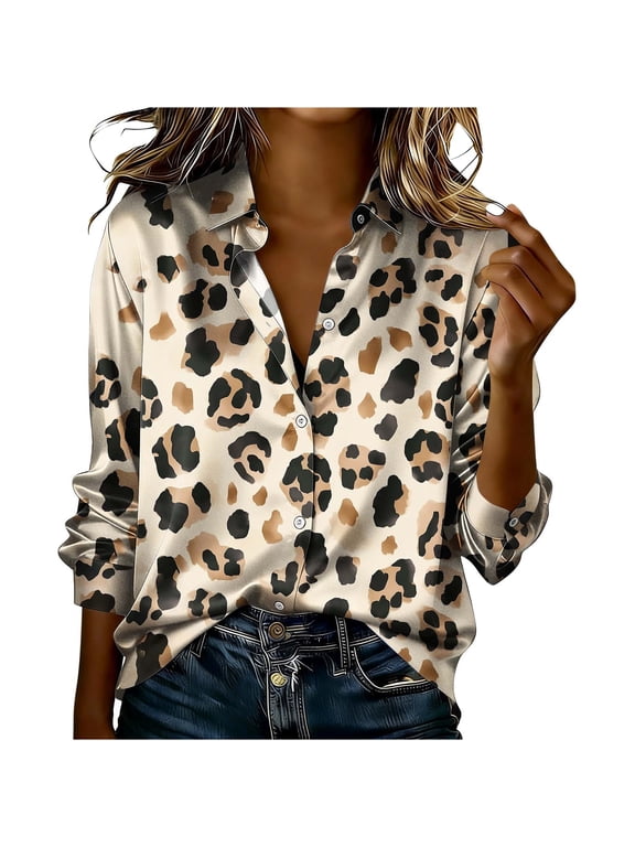 Women's Satin Blouse Leopard Print Long Sleeve Collared Button Down Loose Casual Fashion Tops Spring Summer Elegant Work Shirt L