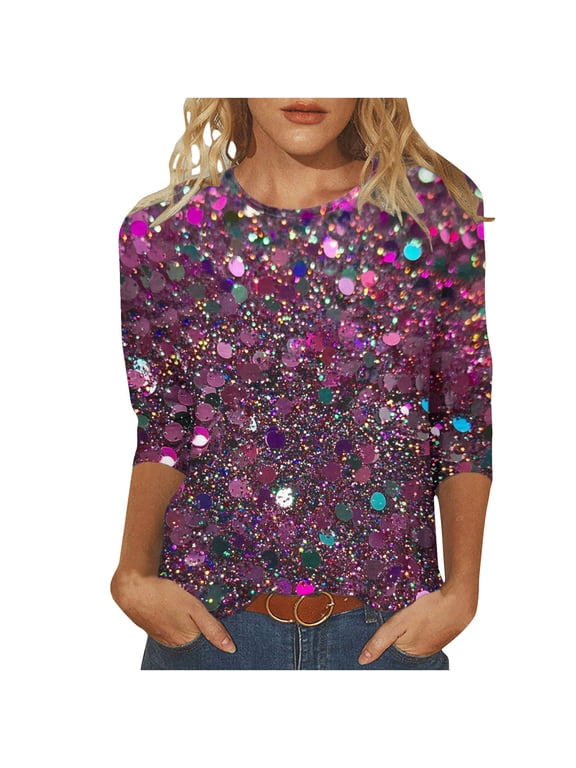 Women's Sequins Tops Casual Fashion Round Neck 3/4 Sleeve Loose Party Night Out Cocktail Club Gradient Print Tshirt M