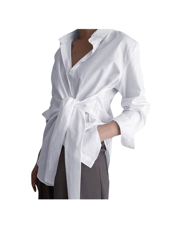 Women's Wrap Blouse Tie Front V Neck Long Sleeve Solid Casual Elegant Loose Work Tops Shirts White L