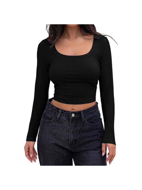 Womens Crop Tops Ribbed Basic Casual Long Sleeve Square Neck Solid Slim Fashion Tops Black S