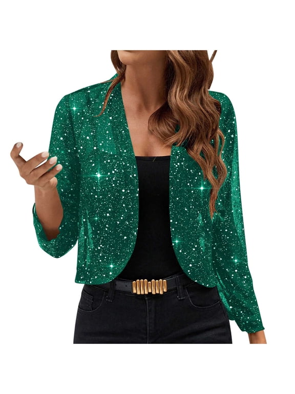 Womens Jacket Sequins Dressy Trendy Collared Long Sleeve Open Back Loose Party Cocktail Night Out Evening Wedding Guest Blouses Green S