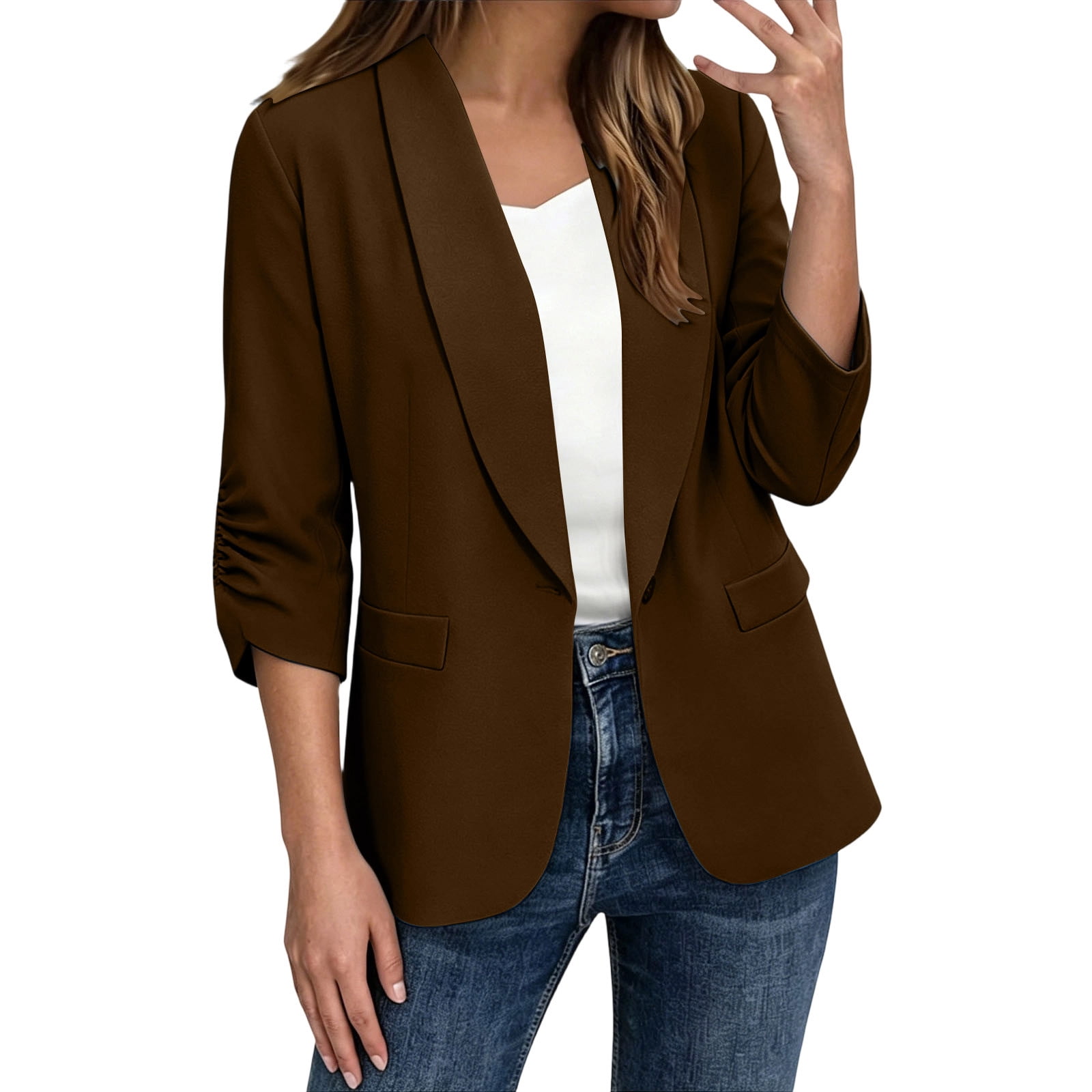 Work By Spring Formula Wuztai Womens Jacket Solid Casual Business Work 3/4 Sleeve Collared ...
