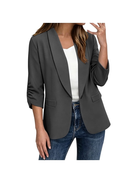 Womens Jacket Solid Casual Business Work 3/4 Sleeve Collared Loose Tops Spring Fall Summer Ruched Smocked Cuffs Dark Gray S