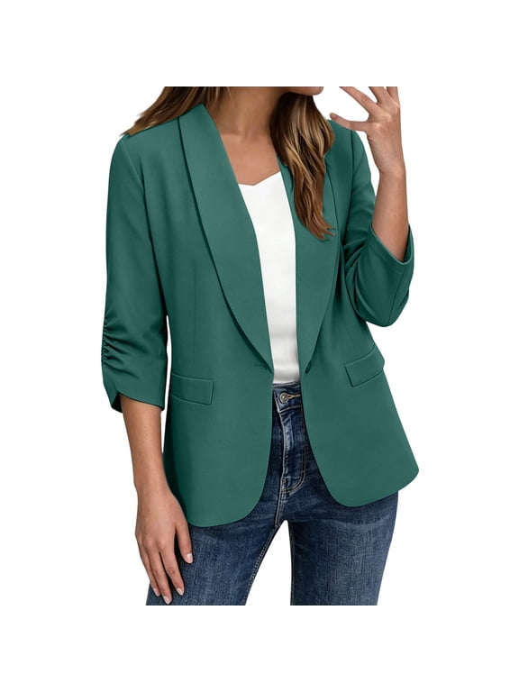 Womens Jacket Solid Casual Business Work 3/4 Sleeve Collared Loose Tops Spring Fall Summer Ruched Smocked Cuffs XXL