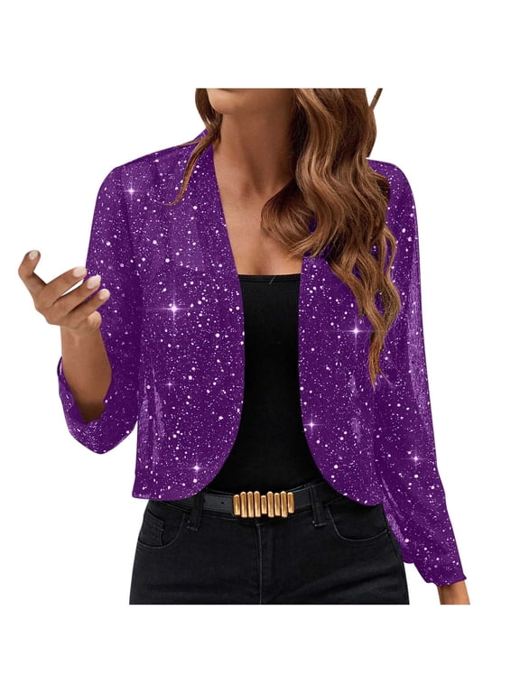 Womens Sequin Jacket Dressy Trendy Long Sleeve V Neck Solid Loose Party Cocktail Night Out Club Evening Wedding Guest Tops Purple XXL