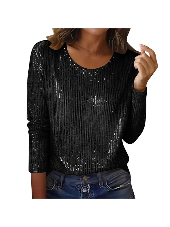Womens Sequin Tops Round Neck Long Sleeve Loose Casual Dressy Party Evening Cocktail Night Out Sparkle Blouse Black S