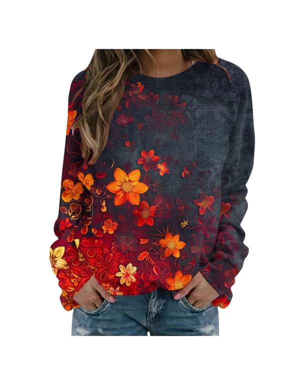 Womens Tops Floral Long Sleeve Round Neck Loose Casual Boho Gradient Lightweight Sweater Fall Spring M