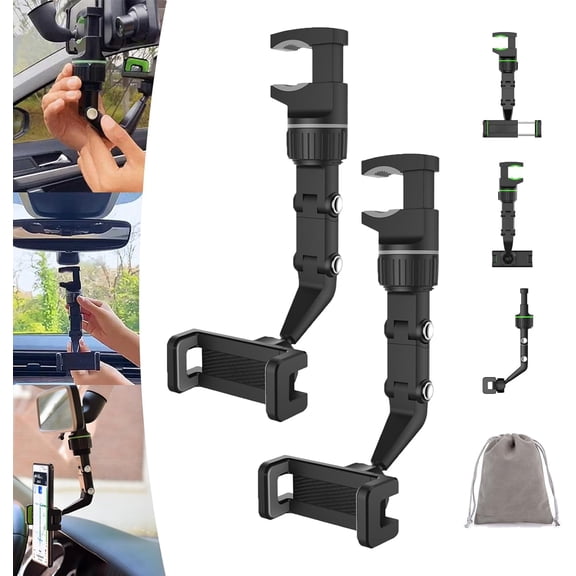 Wuzutech Car Phone Holder, Wuzutech Rear View Mirror Car Phone Holder, 360 Degree Cars Phones Holders Rearview Mirror with Telescopic Function, Strong Compatibility, Quick Installation (Black*2)