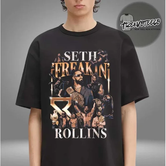 Wwe Seth Rollins Montage Boxy Unisex T-Shirt ,Black Color,Size L