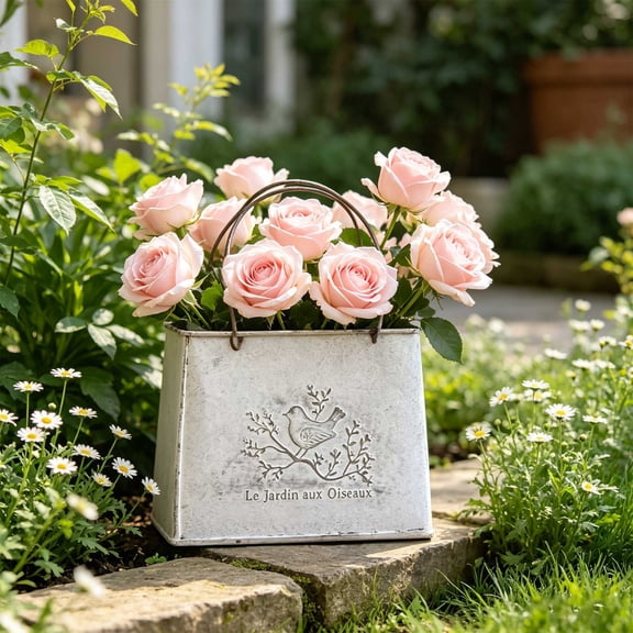Wwv Flower Planter Bucket Vintage,with Rustic Distressed Finish for Fresh Flowers, Dried Arrangements, Balcony, Patio, Garden and Wedding Table Decor White