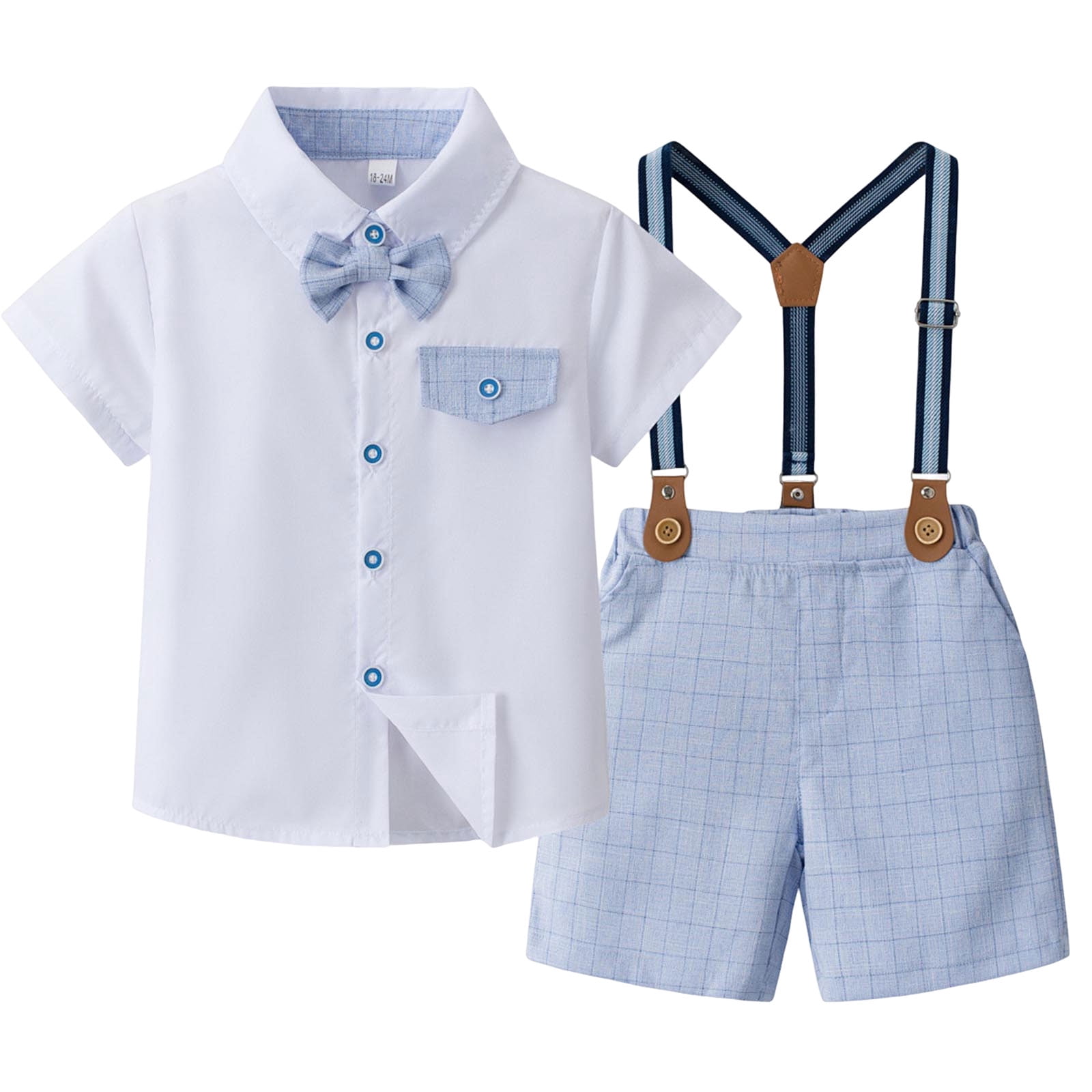 Wxirdiow Baby Boy Formal Outfits Baby Boy Suit Wedding Outfits Short Sleeve Bowtie Shirt Suspender Summer Gentleman Shorts Sets Light Blue Size,3-4 Years
