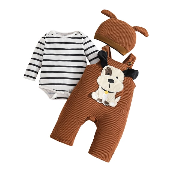 Wxirdiow Baby Boy Outfit Baby Boy Clothes Fall Winter Outfits Infant Long Sleeve Striped Romper Cartoon Suspender Overalls 3 Pcs Black Size,0-3 Months
