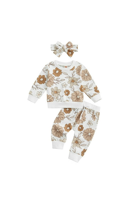 Baby Clothes Unisex Newborn Baby Girl Outfits Rib Knit Romper Flare Pants Headband Infant Fall Winter Clothes Beige Size,110