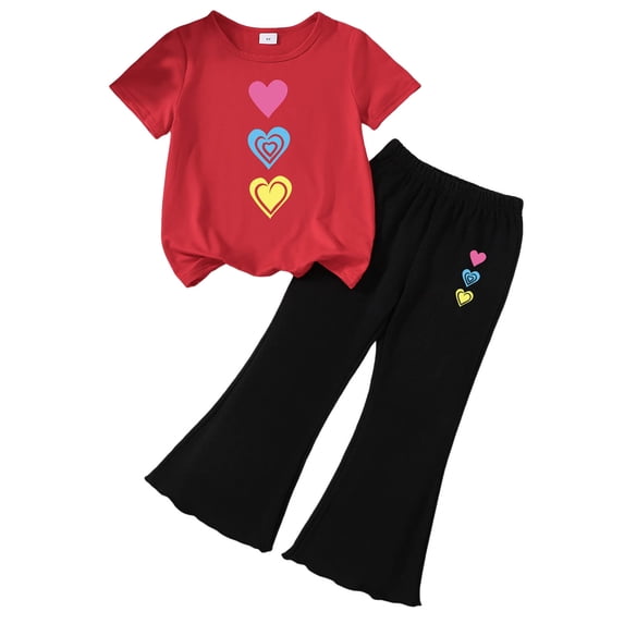 Wxirdiow Baby Girl Clothes Girls' Summer 2-Piece Outfit Set Heart-Embellished Short-Sleeve Top + Flared Pants H Size,2-3 Years