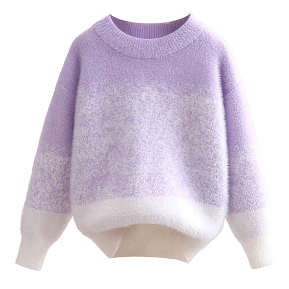 Wxirdiow Baby Knit Sweater Girls Sweaters Kids Fall Winter Cable Knit Sweater Crewneck Warm Pullovers Fluffy Fuzzy Gradient Sweater Tops Purple Size,11-12 Years