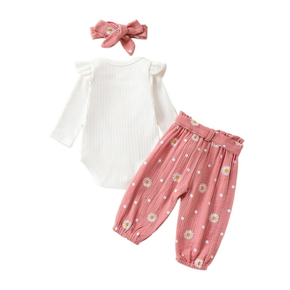 Wxirdiow Baby Romper Newborn Infant Girl Clothes Rib Knit Romper Print Pants Headband Baby Clothes for Girls Pink Size,3-6 Months