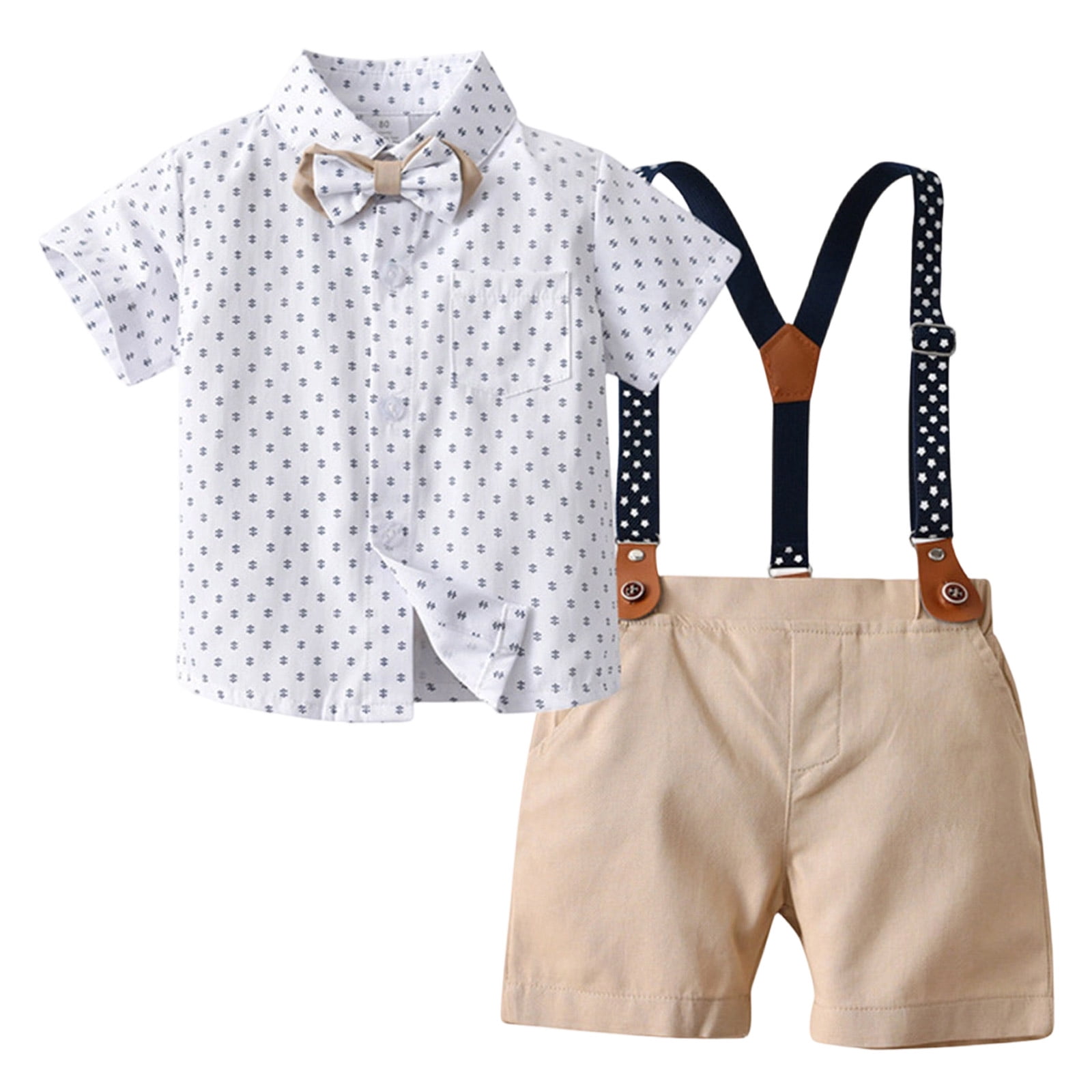Wxirdiow Baby Suit Baby Boy Clothes Suit Infant Short Sleeve Gentleman Outfits Dress Shirt+Bowtie+Suspender Shorts Khaki Size,6-12 Months