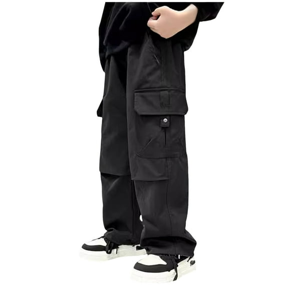 Wxirdiow Baggy Jeans Kids Boy's Wide Leg Cargo Pants Drawstring Waist Baggy Track Pants Trousers Streetwear Black Size,12-13 Years