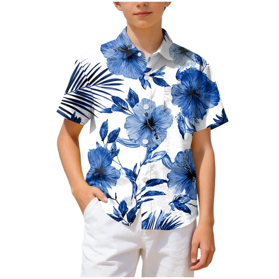 Wxirdiow Beach Shirts for Boys Hawaiian Shirt Short Sleeve Casual Button Down Beach Shirt Kids Summer Shirts Dark Blue Size,5-6 Years