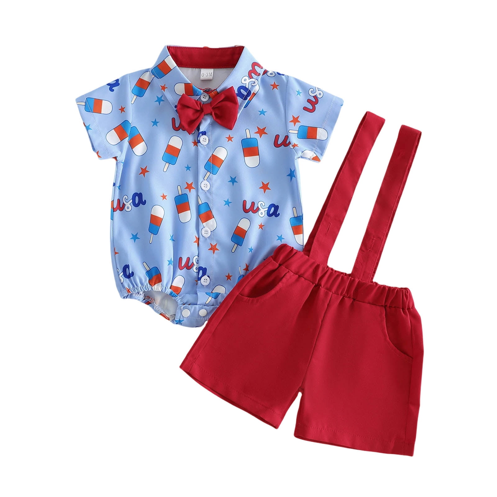 Wxirdiow Boy Baptism Outfit Toddler Baby Boy 4th of Outfits Gentleman Short Sleeve Button Down Romper Shirt Dress Shorts Fourth of July Clothes Set Blue Size,0-3 Months