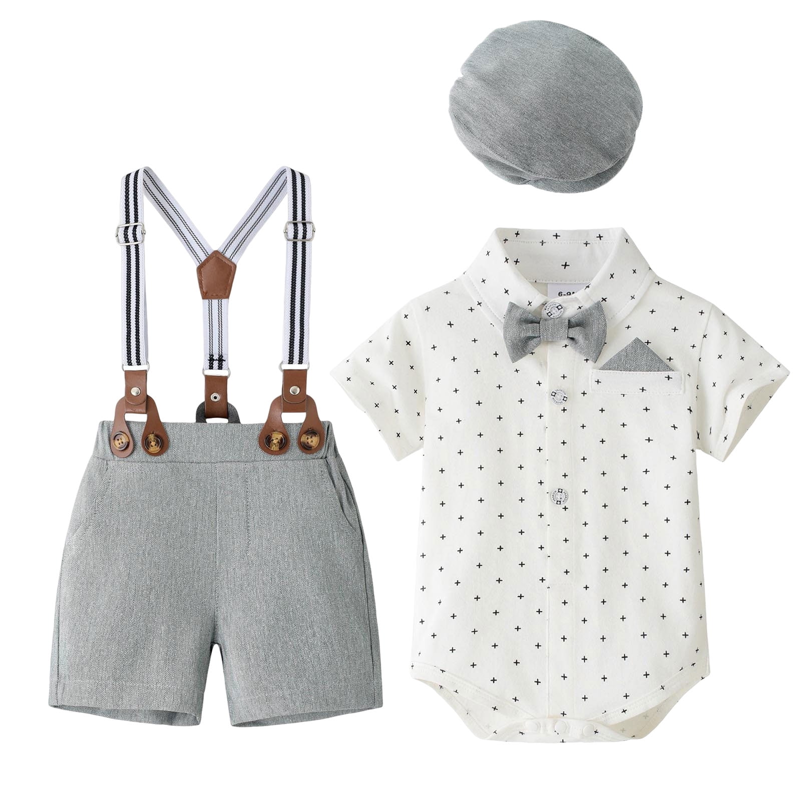 Wxirdiow Boys' Clothing Sets Baby Boy Clothes Suits Infant Tuxedo Gentleman Dress Shirt with Bowtie Beret Suspender Shorts Outfit Sets Grey Size,18-24 Months