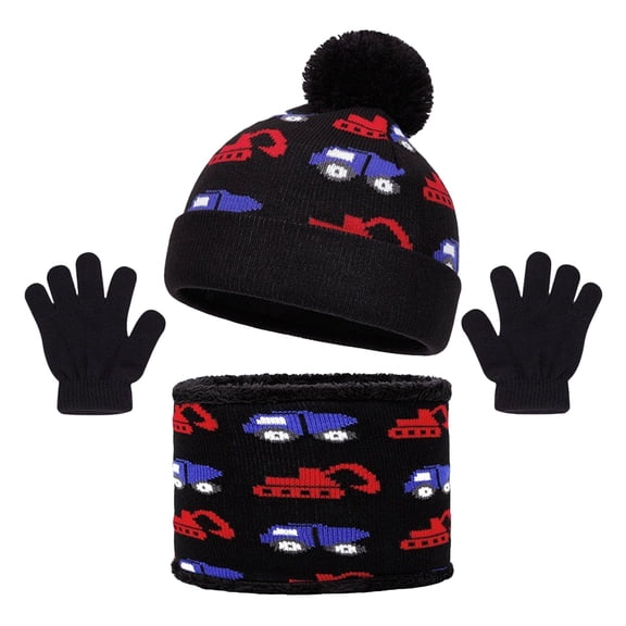Wxirdiow Boys Hat Kids Winter Hat Gloves Scarf Set Girls Boys Beanie Hats Gloves Knit Set with Thick Warm Fleece Lined Children Black Size,2-8 Years